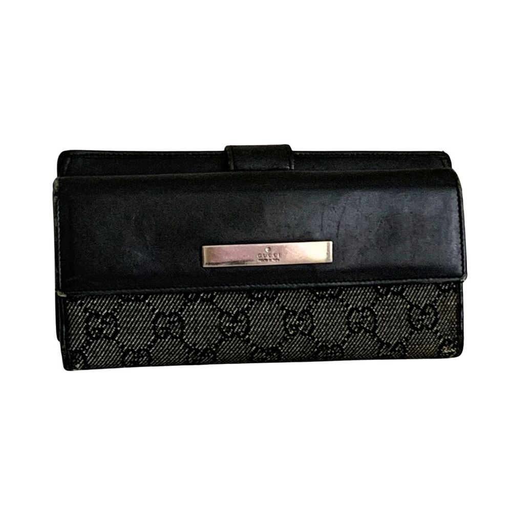 Gucci GG Canvas Leather Long Wallet Black Bifold Snap Flap Women's